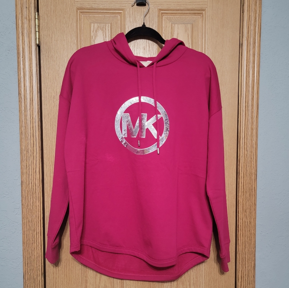 Michael Kors Women's Pink With Silver Sequin MK Logo Fashion Hoodie Azalea